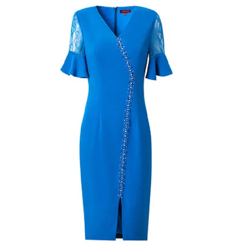 

solid beading dress 2021 women summer and spring style V-neck show thin slim medium length patchwork flared sleeve pencil skirt