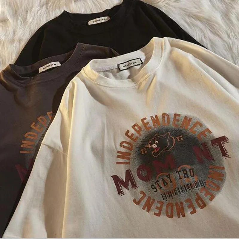 

European American Style Women Tops Letters Print Short Sleeve Round Neck Tshirts Woman High Quality T shirt Women