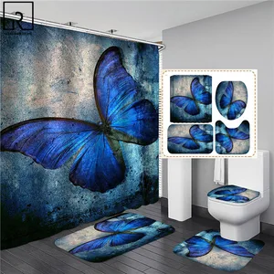 big butterfly beautiful polyester shower curtain 134pcs bathroom waterproof curtains bath mat set toilet lid cover wc supplies free global shipping
