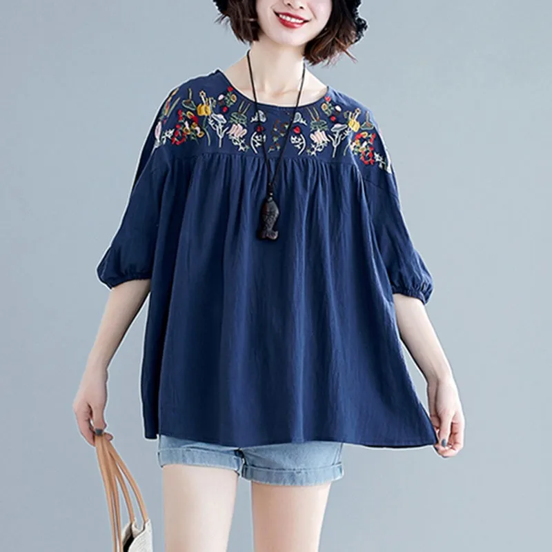 

Oversized Women Cotton Linen Casual T-shirts New Arrival 2021 Summer Vintage Style Floral Embroidery Loose Fmale Tops Tees S3201