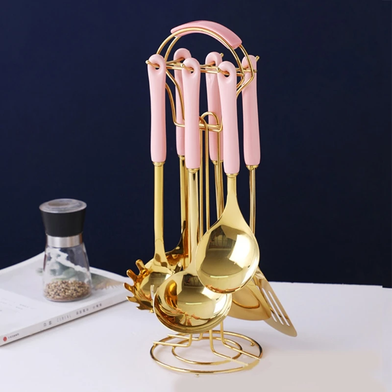 

Nordic Light Luxury 7Pcs Kitchen Utensil Set Stainless Steel Cooking Spoon Spatula Shovel with Ceramic Handle Carousel Holder C