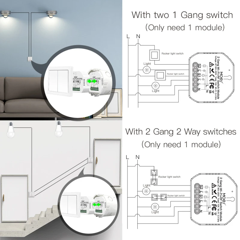 2Gang 2Way Wi Fi + RF433 Tuya Smart светильник Модуль автоматического включения света