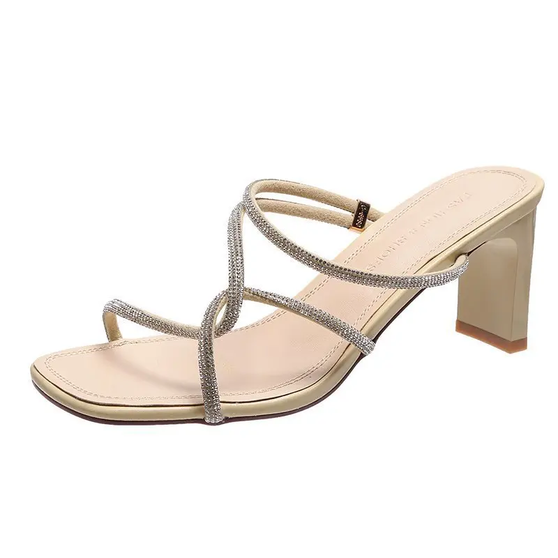 

Slippers Casual Cross-Tied Square heel Rubber Flip Flops Summer Women's Shoes Heeled Mules Glitter Slides Pantofle Luxury Block