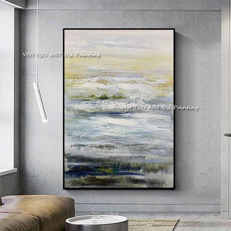 

Large Size 100% Handmade thick abstract ocean oil painting Blue Yellow gorgeous picture home Living Room Decoration Artworks