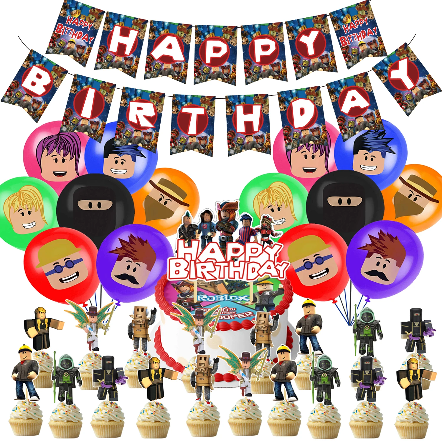 

Game Theme Roblo Birthday Party Decorations Paper Banner Cake Topper Latex Balloons Funny Roblo Birthday Party Favors For Kids