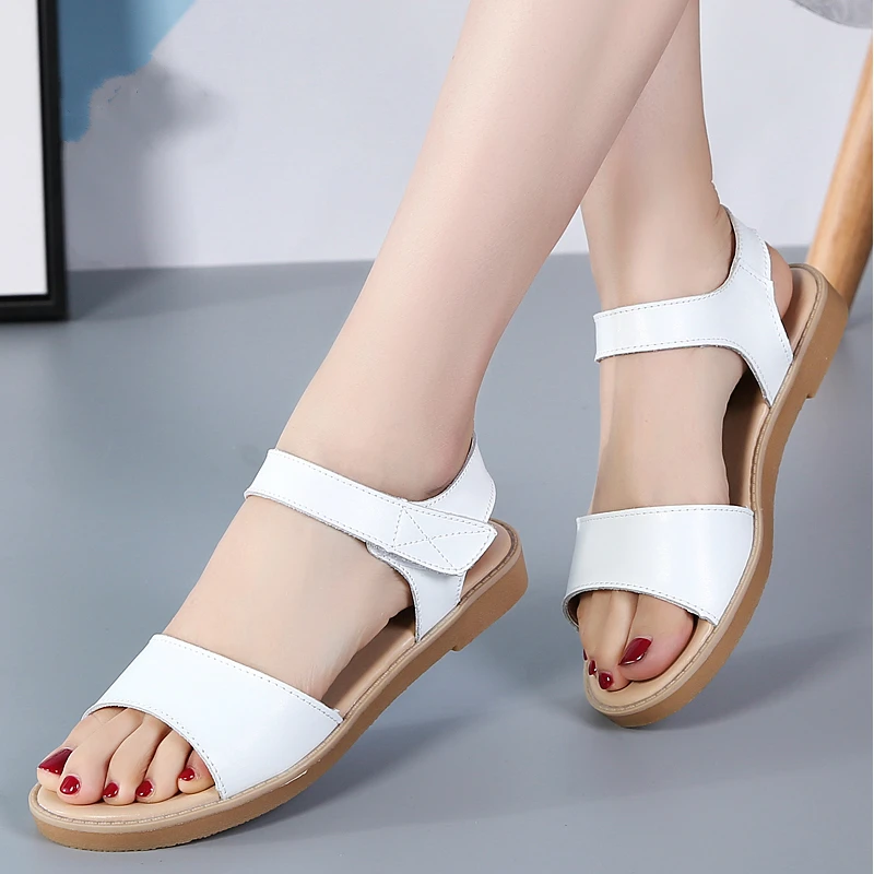 Женские сандалии из натуральной кожи плоские с ремешком на щиколотке женские