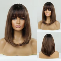 honey brown synthetic wig with bangs middle long straight wigs for black women cosplay daily party heat resistant fiber hair
