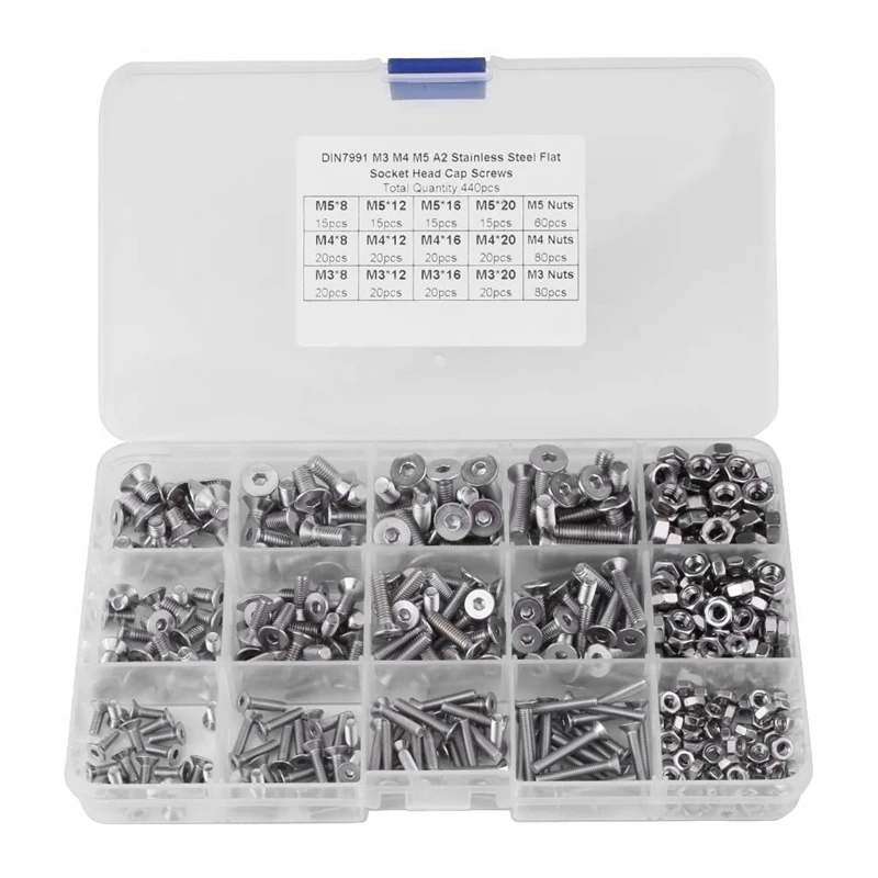 

440 Pieces of M3 M4 M5 Hexagon Head Screws and Hexagon Nuts Hexagon Socket Countersunk Head Stainless Steel Set