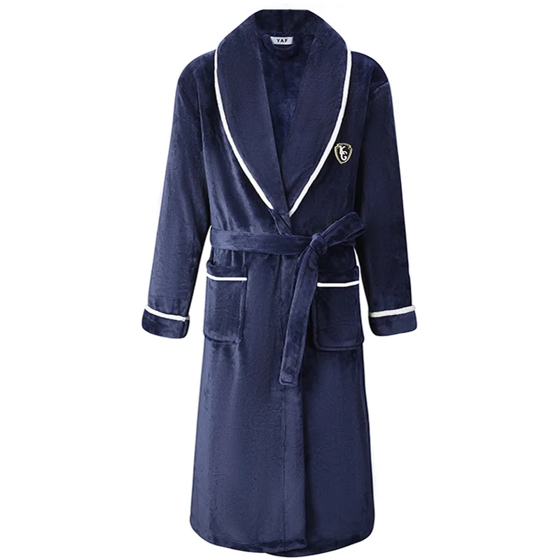 Flannel Men Nightwear Negligee Winter Coral Fleece  Gown Sleepwear Home Clothing Thick Bathrobe Belt Pocket Nightgown