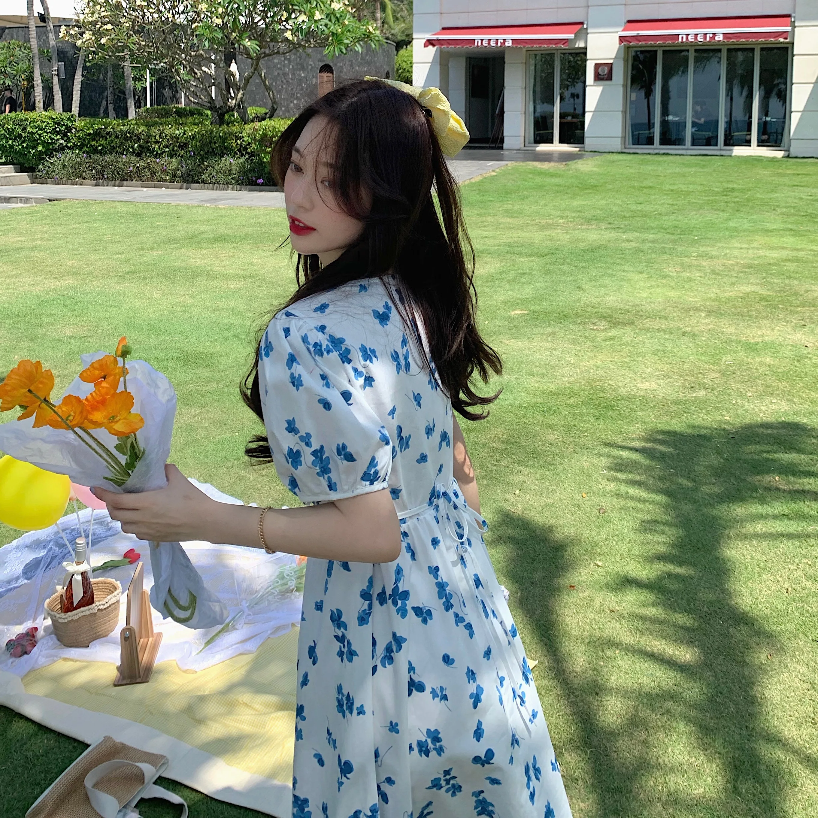 

Korean Style Elegant Midi Dress Women Casual Short Sleeve Sweet Vintage Floral Dress Female Bandage Design Beach Summer Dress