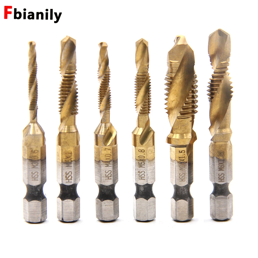 

6PCS M3-M10 Hex Shank Titanium Plated HSS Screw Thread Metric Tap Drill Bits Screw Machine Compound Tap Titanium Hand Tools