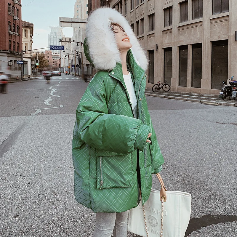 Green Plaid Down Jacket Women Winter Fur Collar Thickened Korean Loose Hooded 90 White Duck Down Jacket