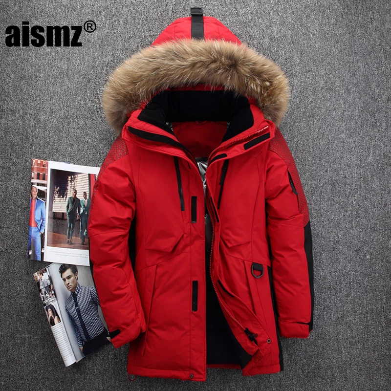Aismz-40 degree cold resistant Russia winter jacket men top quality genuine fur collar thick warm white duck down men's coat