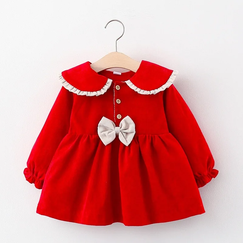 Autumn New Baby Girl Dress Big Bow Warm Party Princess Long Sleeve Corduroy Thicken Dresses Infant Kids Clothes | Детская одежда и