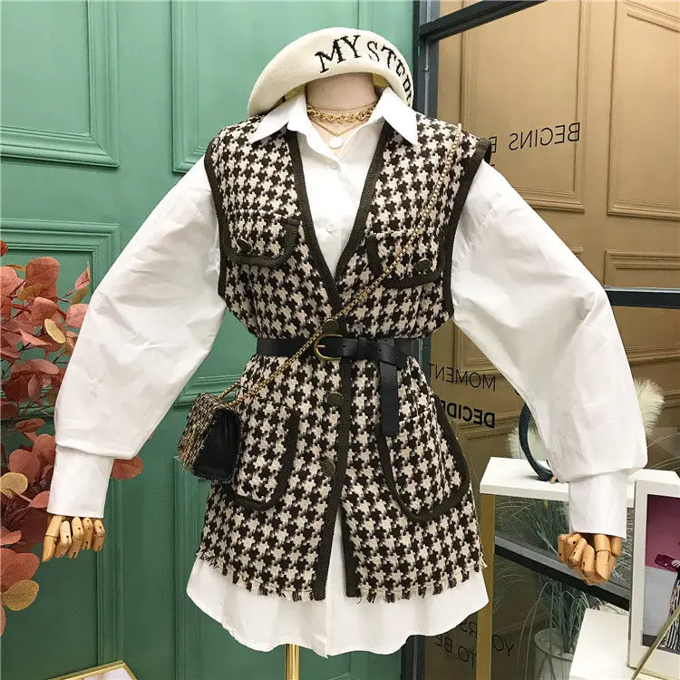 

2021 Spring and Autumn New Waist Long Sleeve Shirt + Thousand Bird Lattice Small Fragrance Tweed Jacket Two Piece Suit