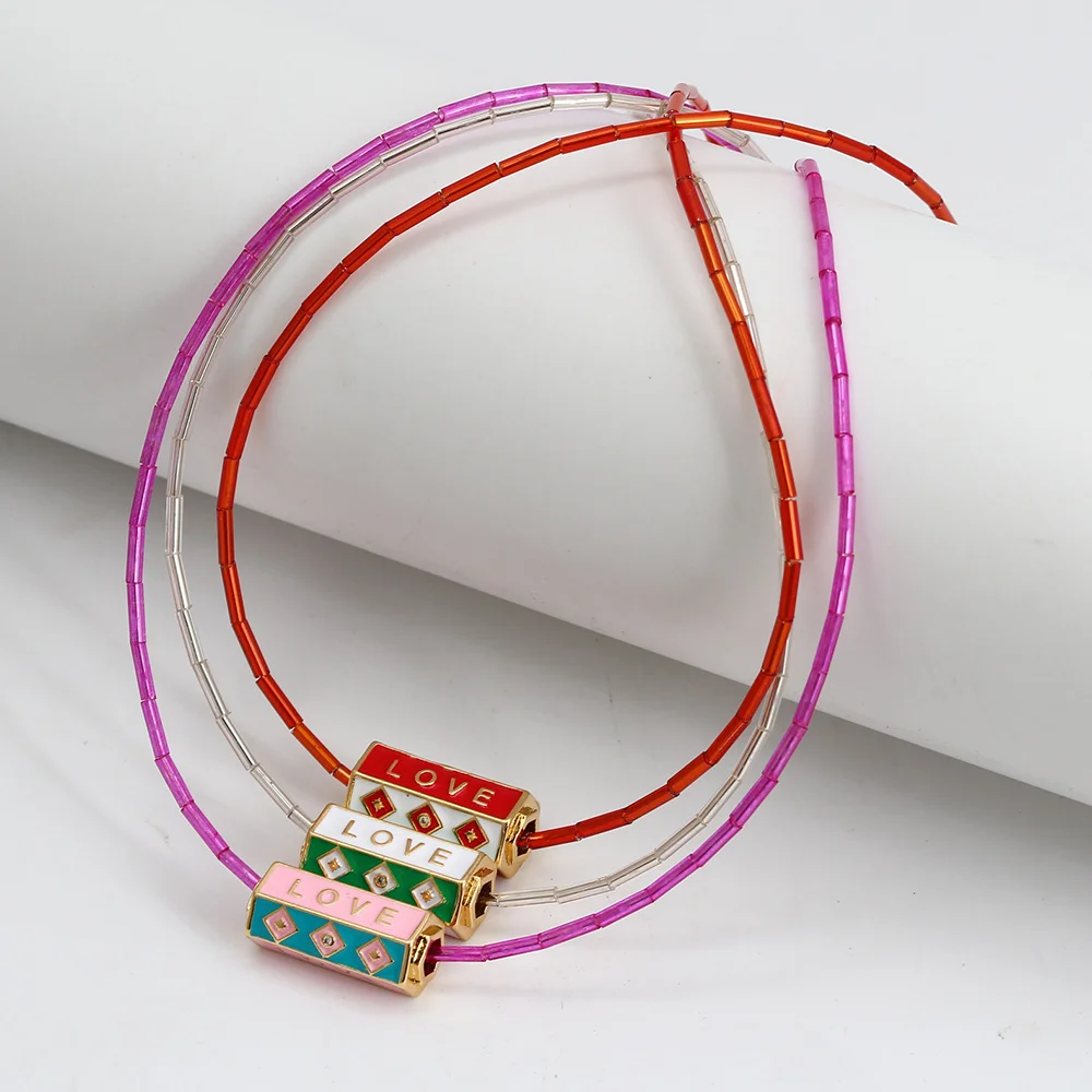 

Wish Card Enamel Dripping oil Copper Pendant Necklace for Woman Fashion Lucky Charm Jewelry Bohemia Beads Chain Women's Choker