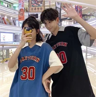summer 2020 new college style loose couple models v neck fake two piece ball suit sports short sleeved t shirt top