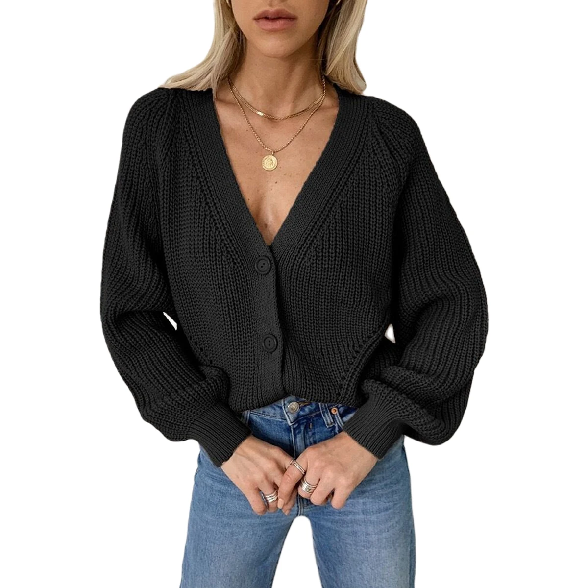 Женский Теплый однотонный Кардиган с длинным рукавом и v-образным вырезом