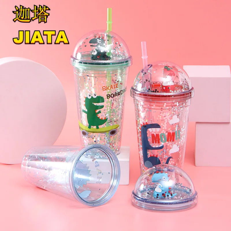 

Cartoon Double Plastic Cup Creative Dinosaur Straw Cup Student Portable Summer Ice Cup Coffee Milk Cup Cup Straw Plastic