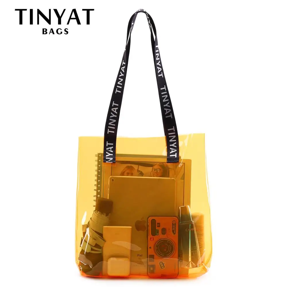 

Tinyat Transparent women shoulder bag pvc girl beach bag women’s handbag sugar color jelly portable swim bag sling bag