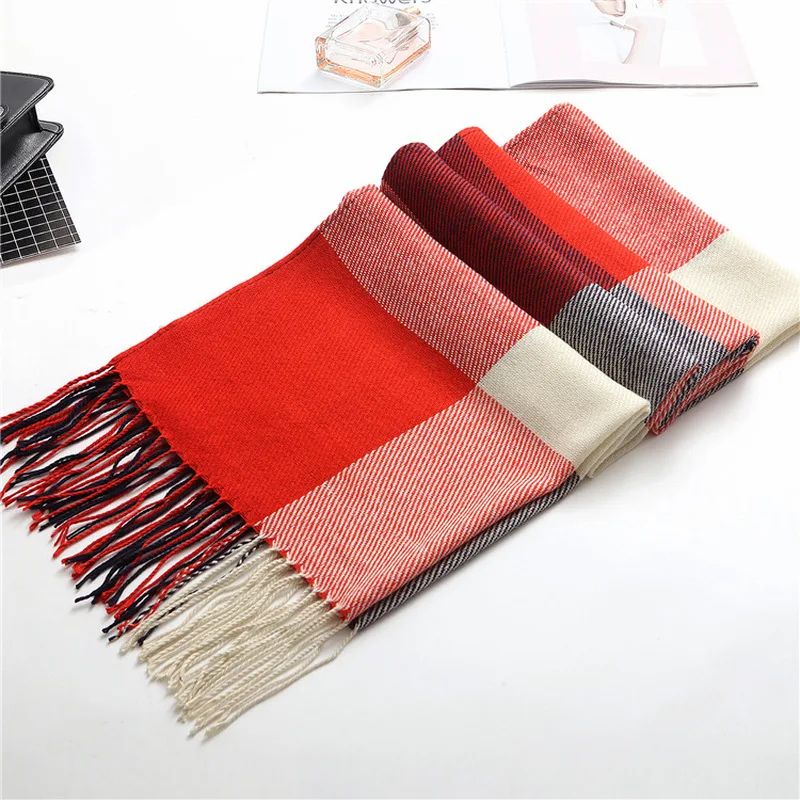 Женский клетчатый шарф зимний однотонный из искусственного кашемира двойного