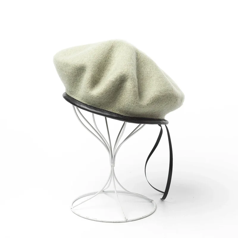 202009-HH0073A autumn WINTER wool japan Cool style pu brim ribbon  beret  hat  men women Leisure star painter  hat