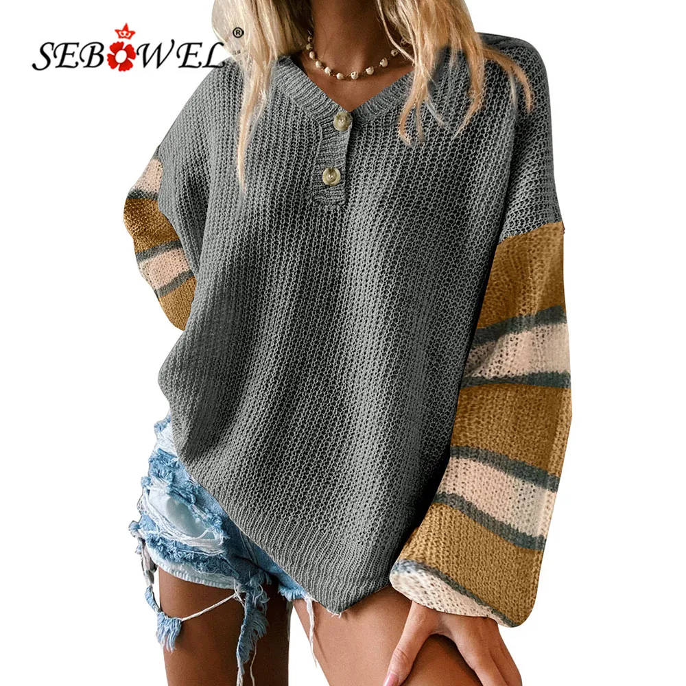 

SEBOWEL 2021 Plus Size Casual Woman Striped Raglan Sleeve Drop Shoulder Sweater Female Winter V-Neck Button Oversize Pullovers