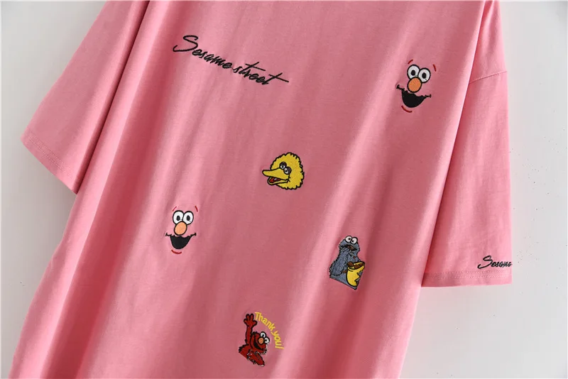 

2021 Summer Women Embroidery Cartoon Plus Size Mid-Length Half Sleeve Top Tee Cute Student Loose O-neck Pullover Ladies T-shirt