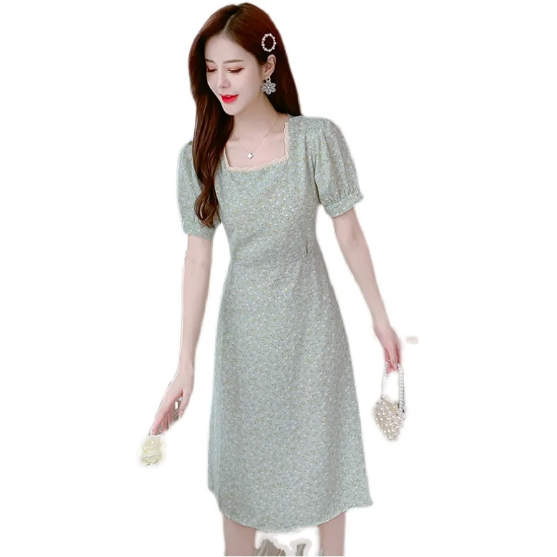 

French Style Mori Fairy Floral Dress 2021summer New Sweet First Love Platycodon Grandiflorum Chiffon Temperament Dress