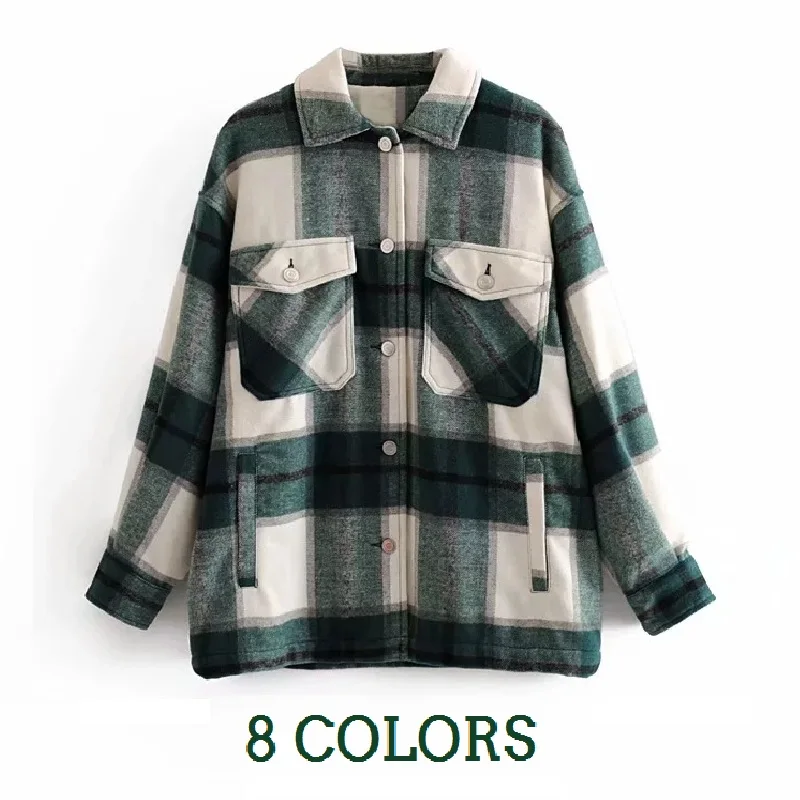 

Winter Green Plaid Jacket Coat Women Streetwear Long Leeve Thick Wool Coat Fashion Pocket Oversized Lapel Autumn Shirts Coats