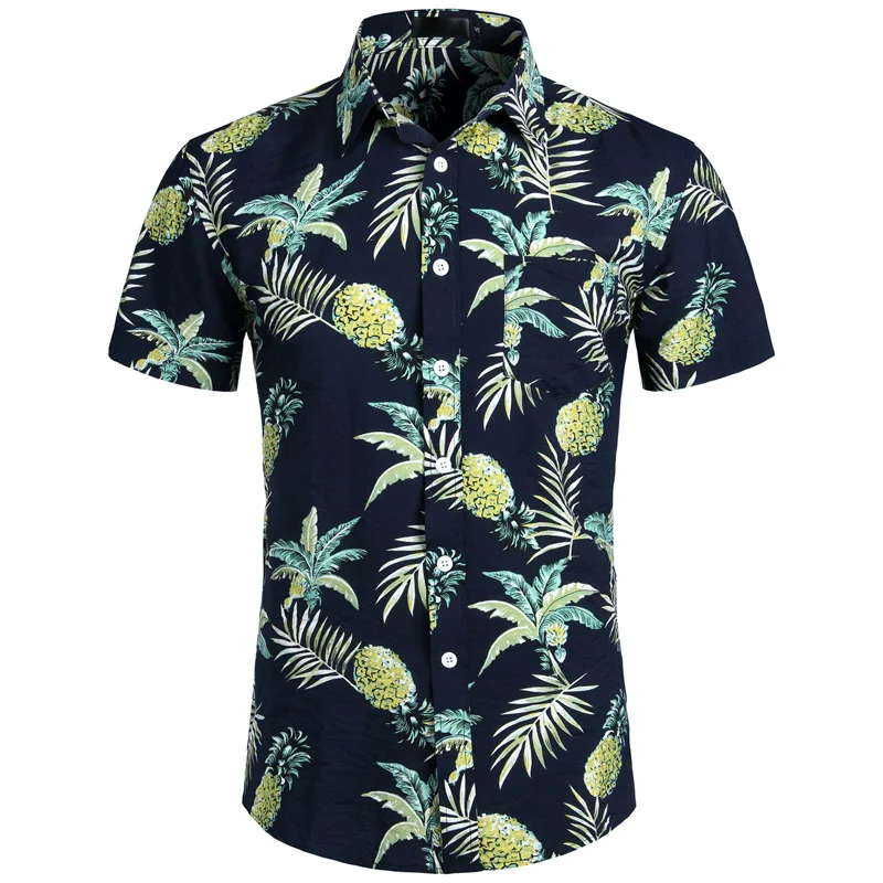 Navy Blue Гавайские рубашки мужские тропические розовые цветочные пляжные рубашки летние с коротким рукавом Одежда для отдыха повседневная гавайская рубашка для мужчин размер США XXL - Цвет: Navy Blue