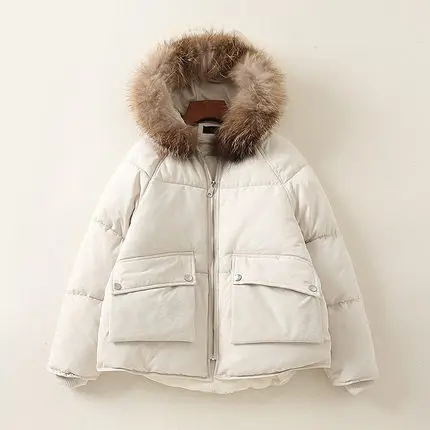 beige cotton coat Парка с хлопковой подкладкой из натурального меха женская зимняя Розовая/желтая/бежевая/черная/зеленая куртка с капюшоном из натурального меха енота - Цвет: beige cotton coat