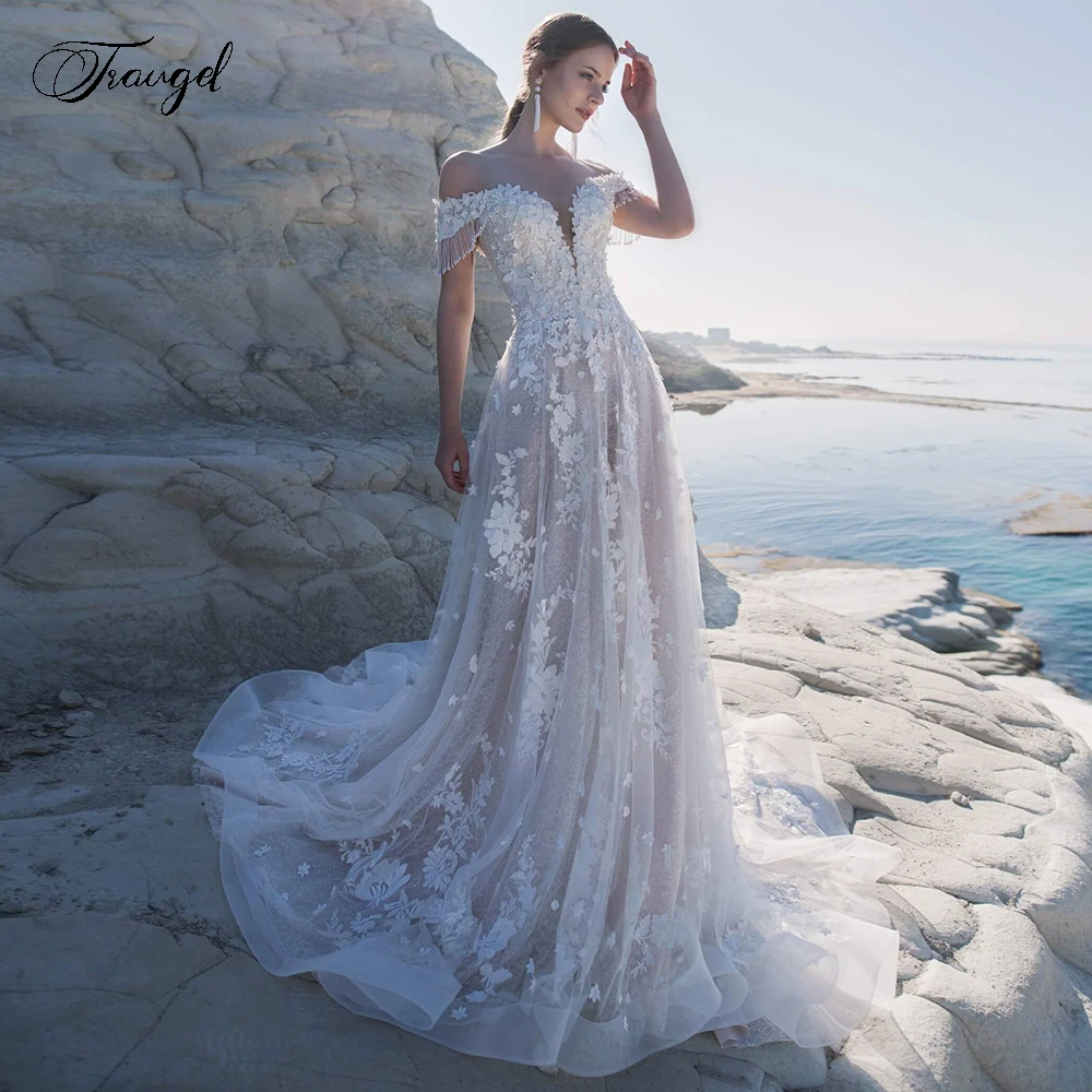 

Traugel Sweetheart A Line Lace Wedding Dress Elegant Applique Off Shoulder Tassel Bride Dress Court Train Wedding Gown Plus Size