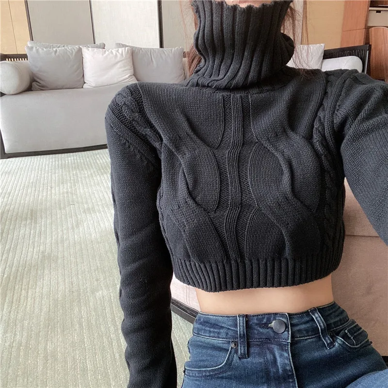 

new fashion brand turtleneck crop top pullovers knitted casual solid tops ladies Korean autumn winter clothes women sweater
