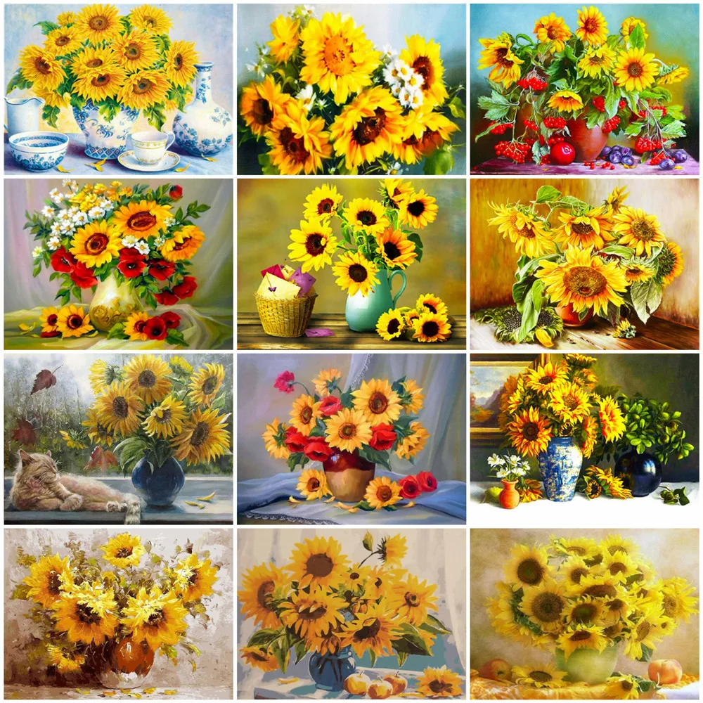 

HUACAN Picture By Numbers Sunflower Flower DIY Frame HandPainted Wall Art Oil Painting By Number Cat Decoration