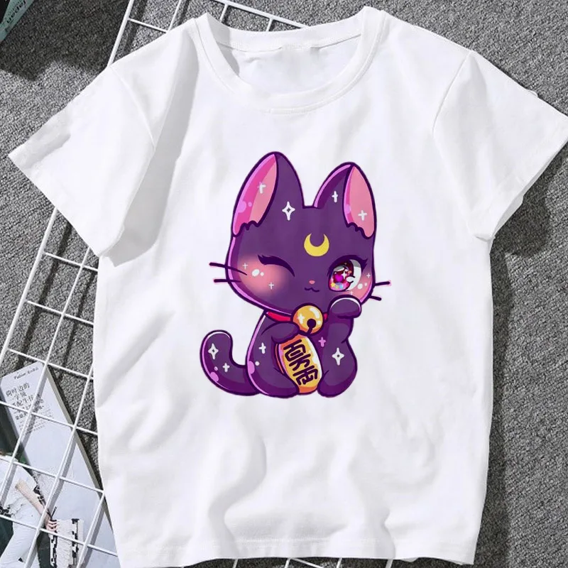 

white Casual Funny kitten Pattern printed Tshirt fashion Female Tops T-Shirt Women Clothing Summer Short Sleeve Harajuku T Shirt