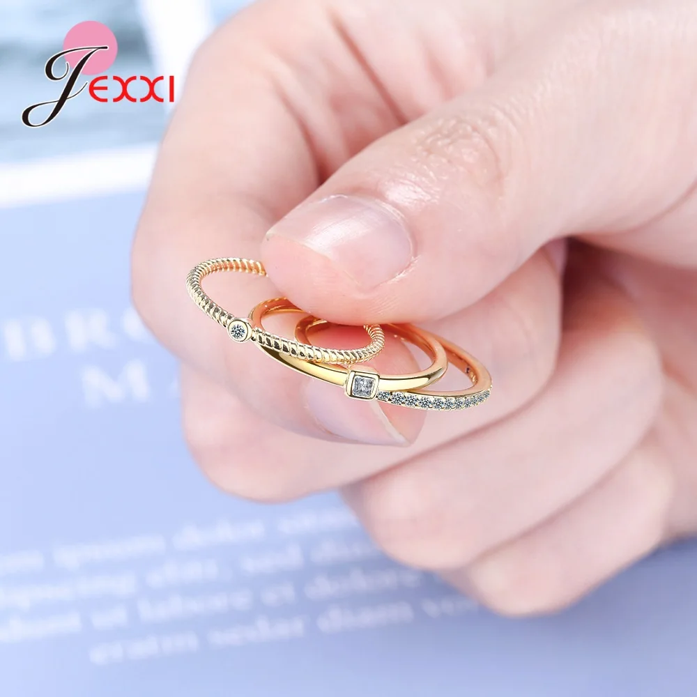 

Original 925 Sterling Silver Shiny Crystal 3 Pieces Finger Rings For Women Clear CZ Paved Korea Style Newest Fashion Jewelry