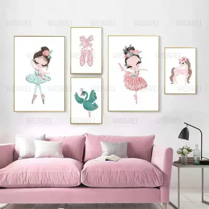 

Nordic Nursery Wall Art Ballerina Girl Poster Unicorn Swan Pictures Print Canvas Painting Kids Bedroom Decoration Paintings