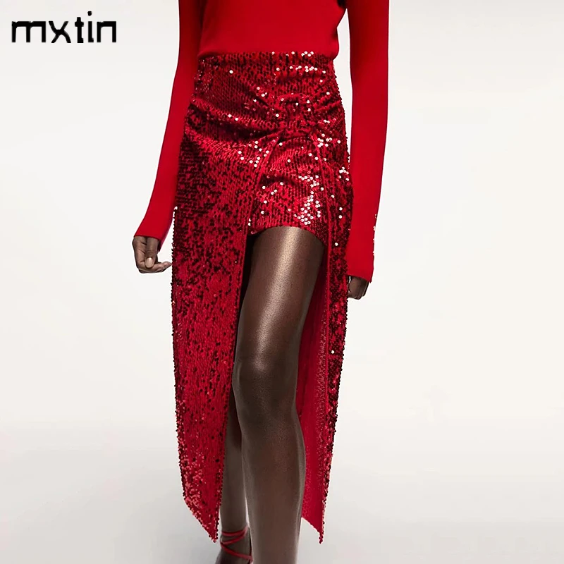 

2021 Women Autumn Fashion Red Sequin Midi Skirt Vintage Winter High Waist A Line Split Sexy Party Casual Faldas Vestidos Mujer