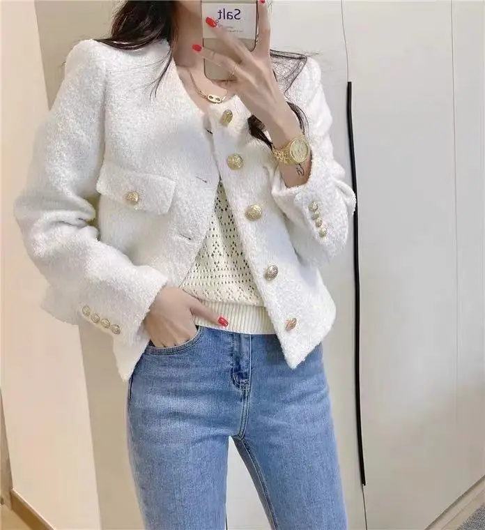 

ZAWFL Chic Houndstooth Cropped Jacket Womens Vintage Tweed Cardigan Coat Elegant Ladies Long Sleeve Korean Short Tops