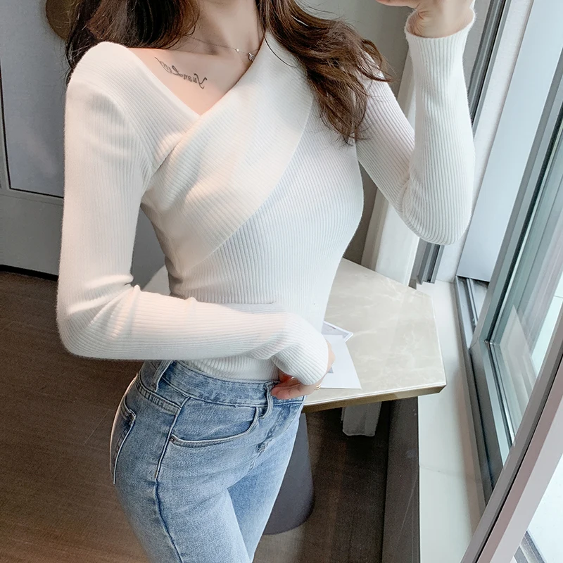 

Pure Color Pullover Irregular V-neck Sweater Women's Pullover Sweaters Tops New Thin Long-sleeved Sweaters Bottoming Clothes