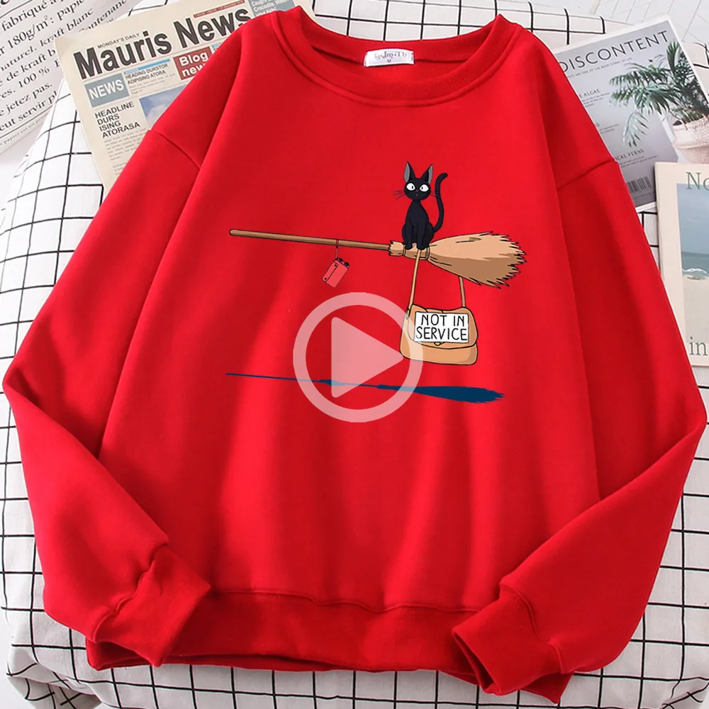 

Cute Cat Not In Service Print Hoodies Women Casual Crewneck Sportswear Fleece Warm Fleece Sweatshirt Loose Hoody Autumn Clothes