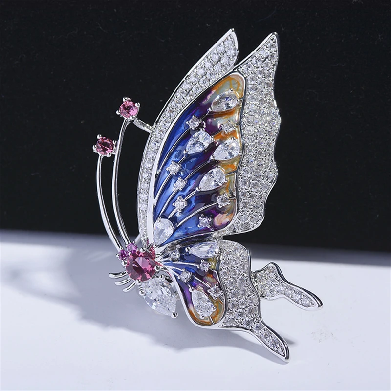 Cute Butterfly Blue Enamel Pins White Crystal Rhinestone Insect Brooches Bridal Wedding Brooch Dress Broach broche femme bijoux