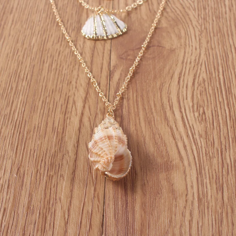 2 Pcs/Set Retro Women Necklaces Natural Shell Conch Pendant Gold Long Necklace Set Glamour Female Summer Beach Party Jewelry | Украшения и