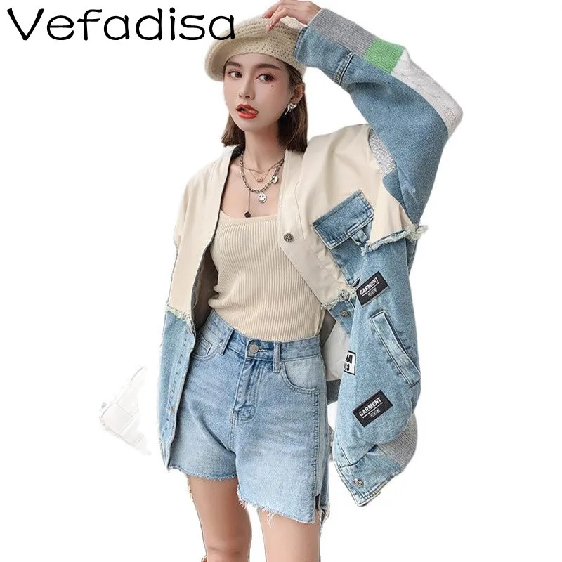

Vefadisa 2021 Autumn New Women Clothing Printed Stitching Denim Jacket Contrasting Loose Denim Jacket TT139
