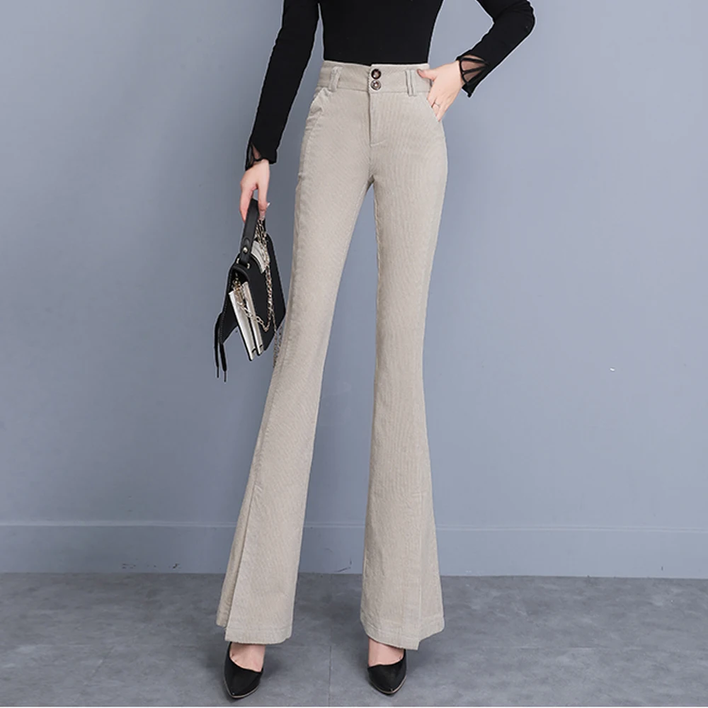 

High Waist Women Flare Pants Thick Velvet Corduroy Pants Long Trousers Elegant Office Lady Split Suit Pants Pantalon Femme