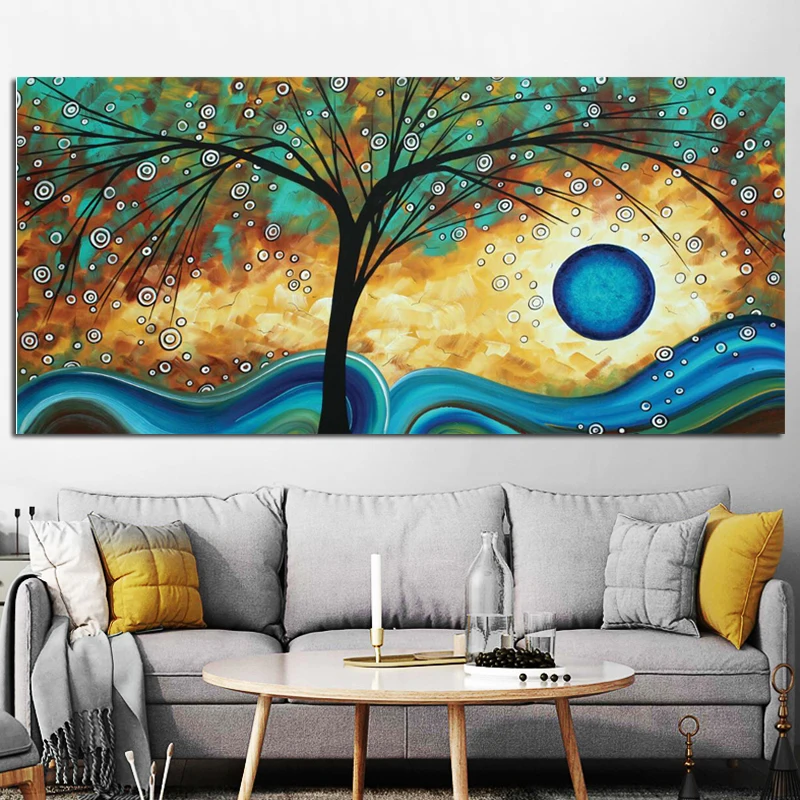 OUCAG синяя волна под деревом после заката картина маслом постер без рамки