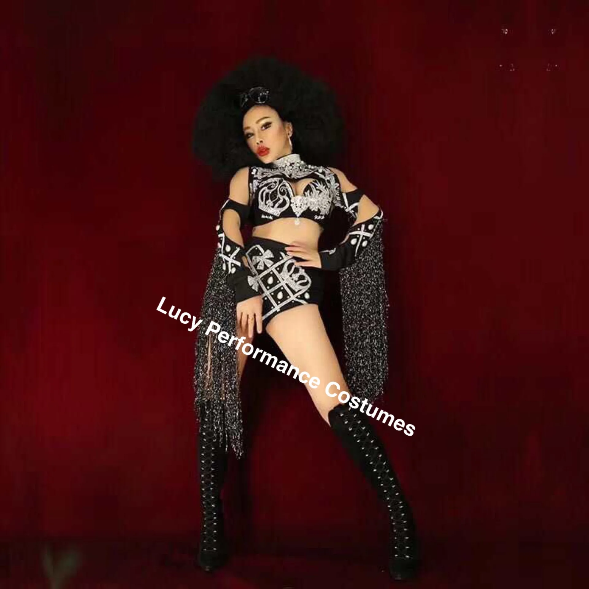 

New nightclub bar DJ female singer black shiny fringe suit dance team Party Costume