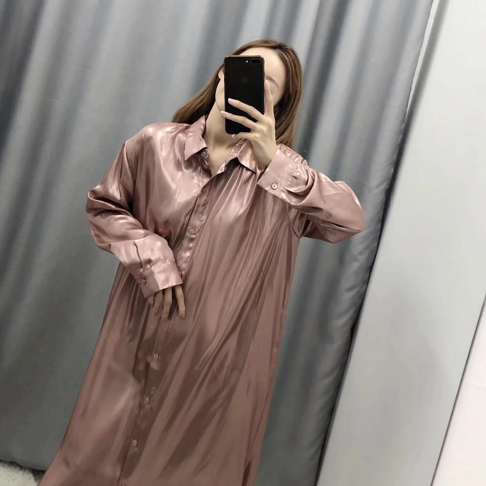 Новинка женское Шелковистое длинное платье рубашка с длинным рукавом и отложным