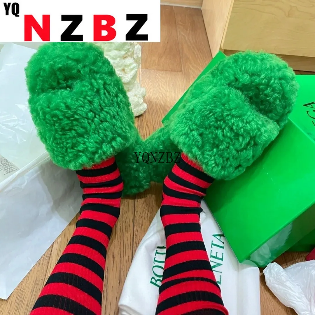 

2022 New Brand Logo Flat Heel Wool Slippers Women Thick Sole Open Toe Fur Towel Flipflops Sandals Outdoor Comfort Leisure Shoes
